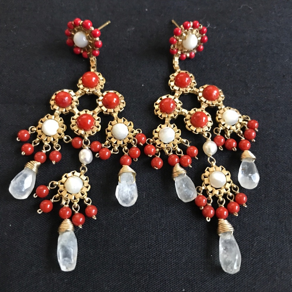 Rare Earrings! Coral, Gold, Pearl and Crystal!